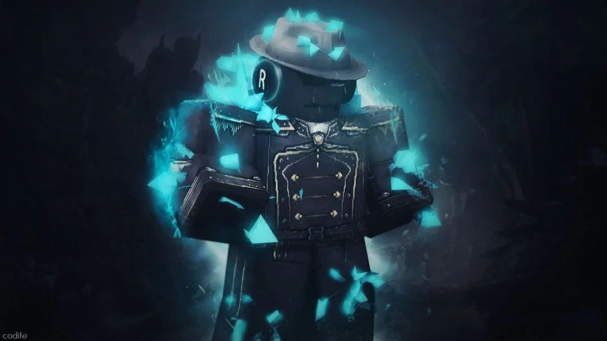A Roblox character in a hat and dress uniform with a turquoise glow