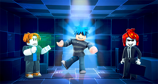 Персонажи Roblox-игры: разработчик с клавиатурой в окружении молний и двое игроков