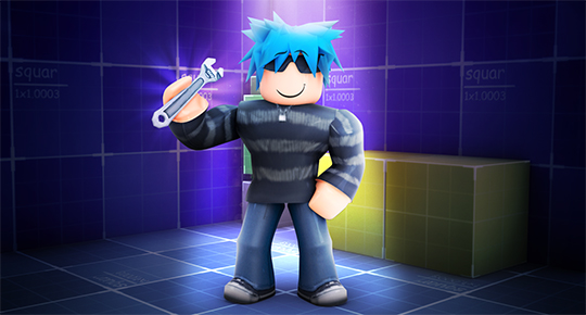 Работа билдеров hoorobes: персонаж Roblox с неоновой косой на фоне фиолетовых гор