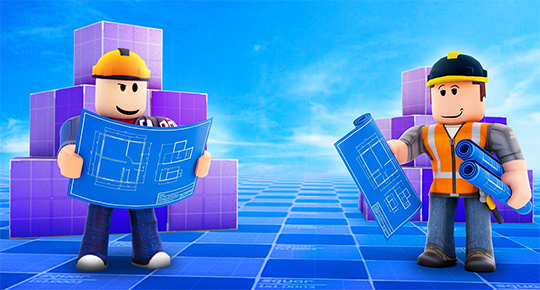 Работа билдеров hoorobes: персонаж Roblox с неоновой косой на фоне фиолетовых гор
