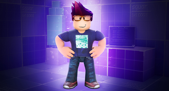 Работа билдеров hoorobes: персонаж Roblox с неоновой косой на фоне фиолетовых гор
